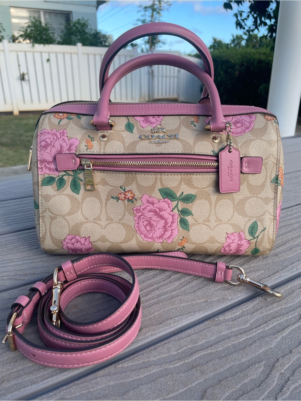 Coach Medium Signature Canvas Rowen with Pink Floral Accents